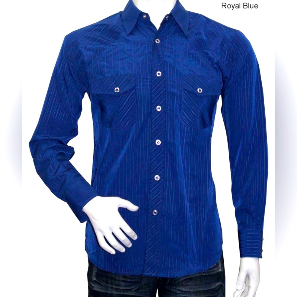 COPY - Men’s Solid Pin Stripe Western Snap Button Shirt in Royal Blue Color